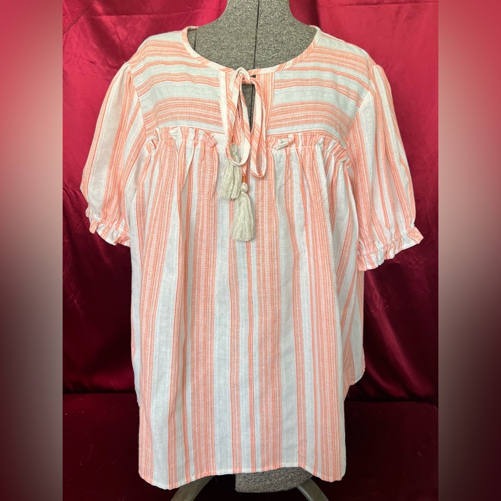 ODDY Peach and White Striped Tie-Neck Peasant Tunic